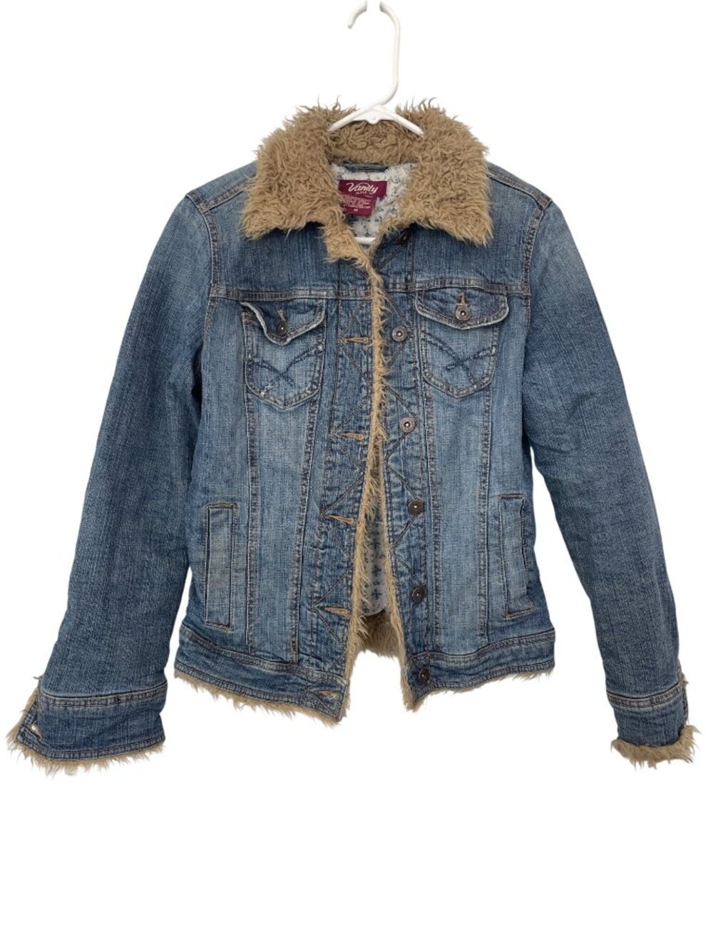 Y2K Vanity Jeans Denim Jacket Medium Faux Sherpa Lining Fleece Collar Vintage